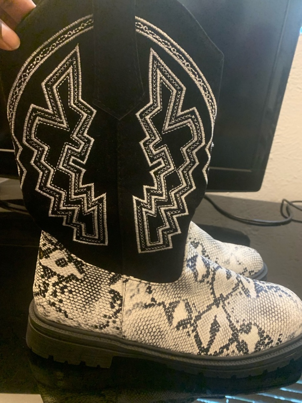 Brand New No Box Black Suede Western Boots with White Snake Print Leather